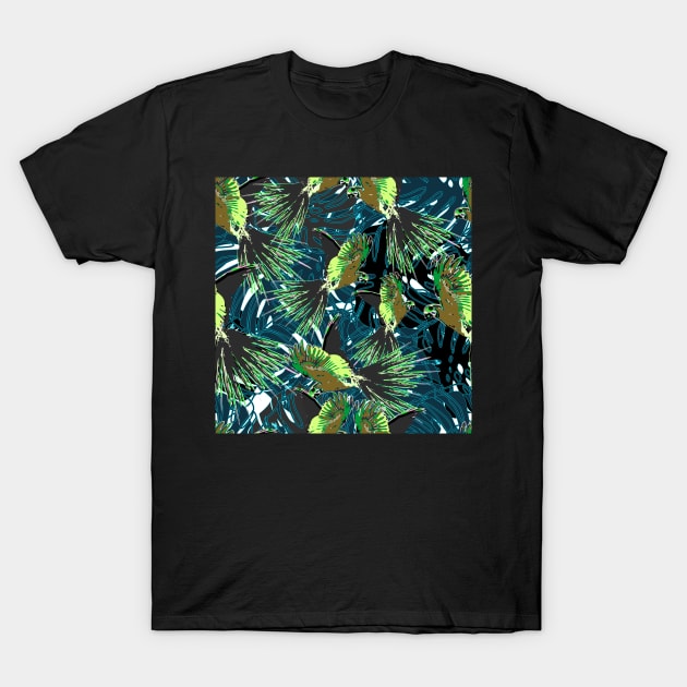 Macaw And Tropical Leaves Vector Seamless Print T-Shirt by MichelMM